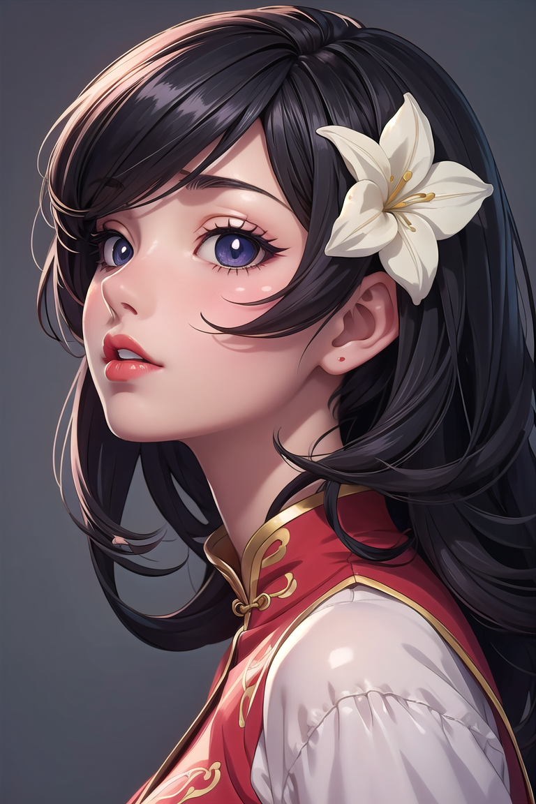 388161-3553371152-Cowboy Shot,((glossy eyes)),1girl,solo,black hair,flower,realistic,looking up,red lips,chinese clothes,upper body,hair ornament,.png